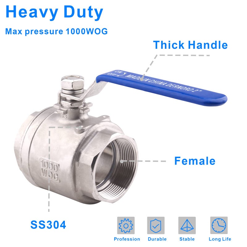 DERNORD Full Port Ball Valve Stainless Steel 304 Heavy Duty for Water, Oil, and Gas with Blue Locking Handles (2" NPT) - Image 5
